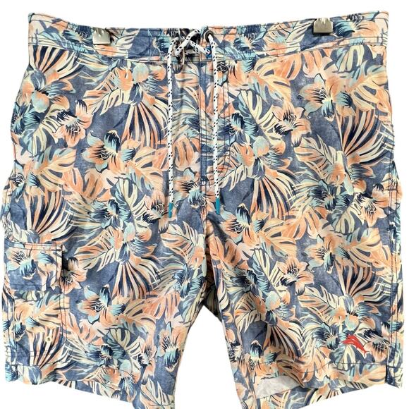 Tommy Bahama Baja Hacienda Swim Trunks Mens L Blue Orange Floral Print UPF 30 - Picture 2 of 16